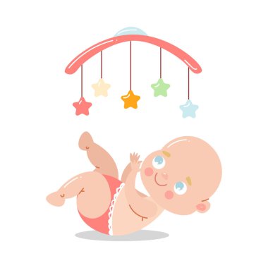 Kırmızı külotlu şirin bebek yatakta uzanıyor ve oyuncak atlıkarıncayla eğleniyor. Çizgi film tarzında vektör illüstrasyonu.