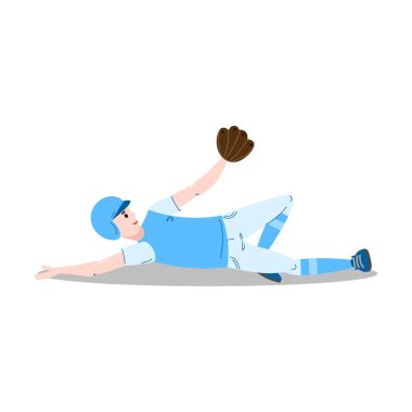 Boy lying to catch ball with baseball glove vector illustration