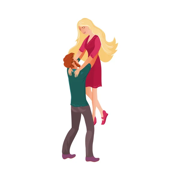 Cute happy blonde woman in red dress jumping into man s embrace. Vector illustration in flat cartoon style. — Stock Vector