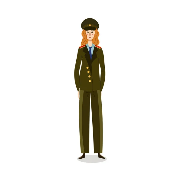 Policewoman in green military uniform and cap illustration — Stock Vector