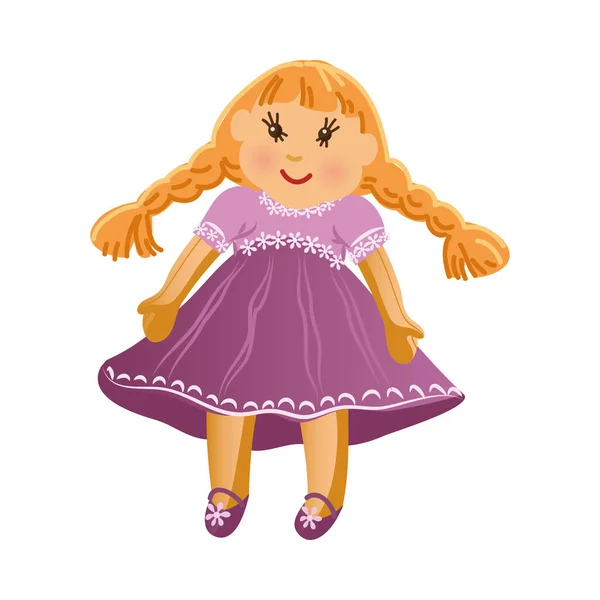 Linda muñeca chica rubia sonriente feliz con dos trenzas largas en el vestido púrpura. Ilustración vectorial en estilo plano de dibujos animados . — Vector de stock