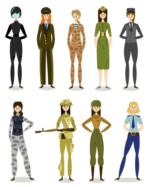 身着军服在军队、警察和部队中工作的妇女 — 图库矢量图片