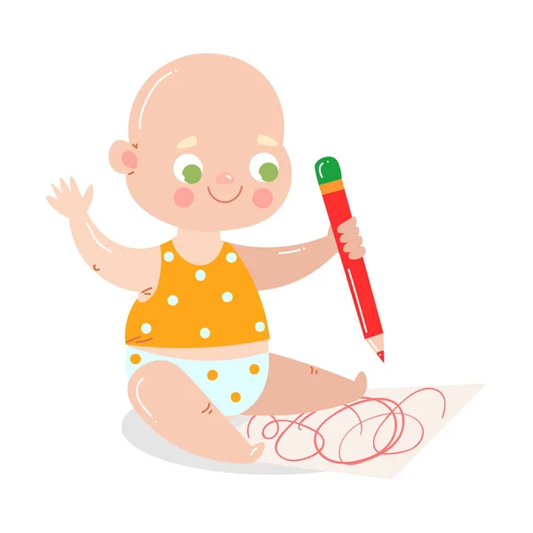 Cute happy smiling baby in white underpants draws with red pencil. Vector illustration in flat cartoon style. — 图库矢量图片