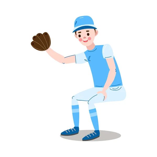 El jugador de béisbol adolescente con un uniforme azul atrapando una pelota con el guante. Ilustración vectorial en el estilo plano de dibujos animados . — Archivo Imágenes Vectoriales