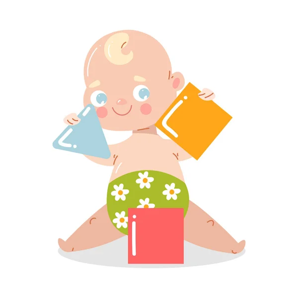 Cute happy smiling baby sitting on the floor playing with building blocks. Vector illustration in flat cartoon style. — Stock Vector