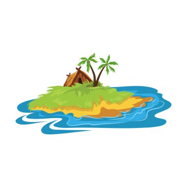 Ahşap kulübesi ve iki palmiye ağacı olan tropik bir ada. Çizgi film tarzında vektör illüstrasyonu.