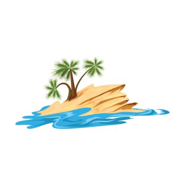 Tropical desert island with tree palm trees on rock. Vector illustration in flat cartoon style. clipart