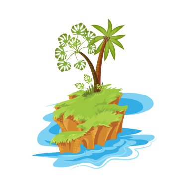 Palmiyeli ve ağaçlı tropikal küçük ıssız ada. Çizgi film tarzında vektör illüstrasyonu.