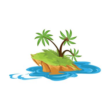 Üç palmiye ağacı olan tropikal küçük ıssız ada. Çizgi film tarzında vektör illüstrasyonu.