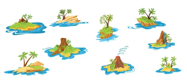 Conjunto de diferentes cenas de ilhas com cabanas, árvores tropicais, montanhas, vulcão e cachoeira. Ilustração vetorial em estilo de desenho animado plano . — Vetor de Stock