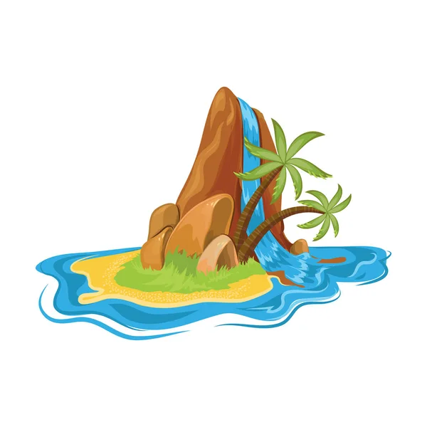 Cachoeira na pequena ilha tropical do deserto com palmeiras. Ilustração vetorial em estilo de desenho animado plano . — Vetor de Stock