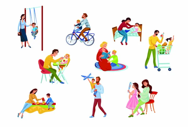 Ensemble de parents heureux et les enfants passent du temps ensemble. Illustration vectorielle en style dessin animé plat . — Image vectorielle