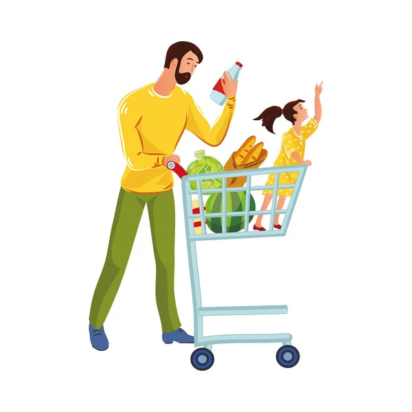 Отец и его маленькая дочь делают покупки в супермаркете. Векторная иллюстрация в плоском стиле мультфильма . — стоковый вектор
