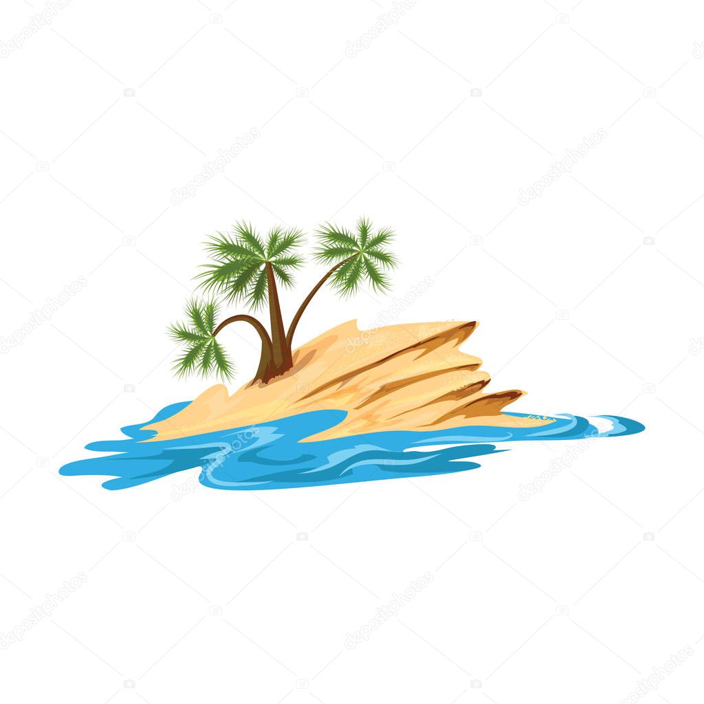 Tropical desert island with tree palm trees on rock. Vector illustration in flat cartoon style.