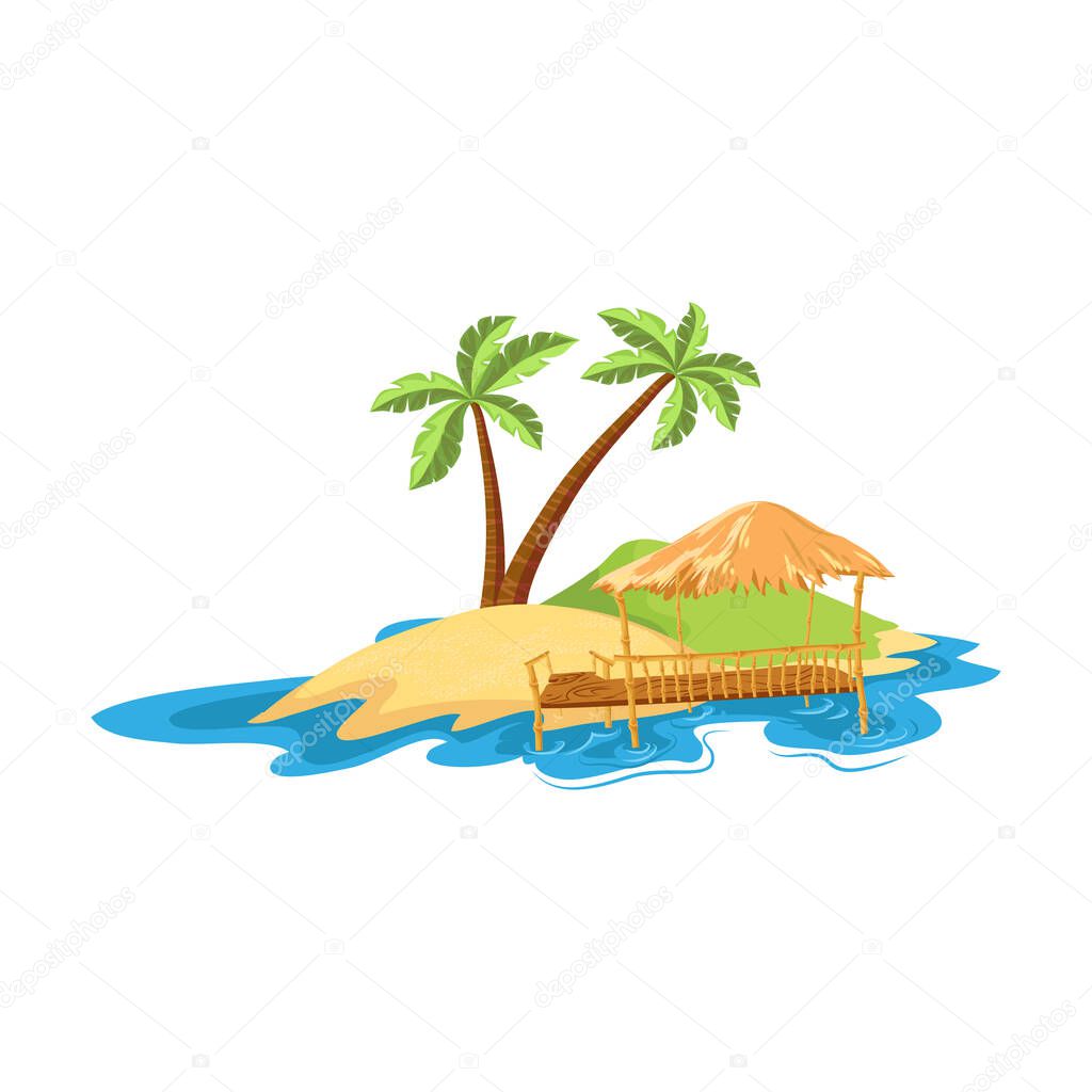 Tropical island with the thatched terrace on the coast and two palm trees. Vector illustration in flat cartoon style.