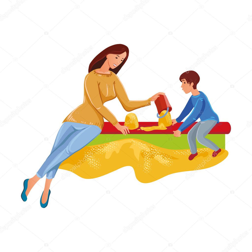 Cute mother playing in sandbox with her son. Vector illustration in flat cartoon style.