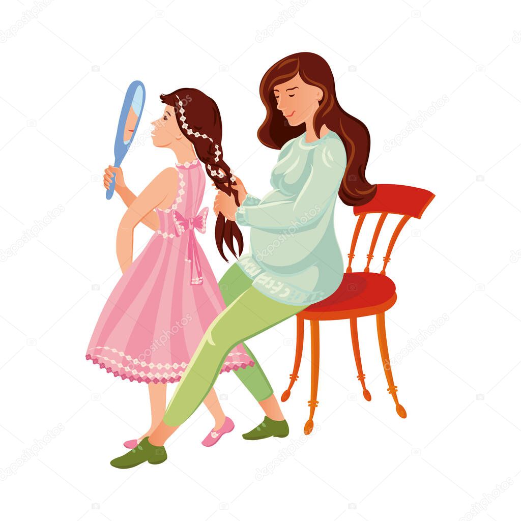The pregnant mother combs her daughter s hair. Vector illustration in flat cartoon style.