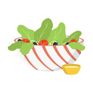 Taze sebzeli kahvaltı. Salata ve limon soslu vektör çizimi.