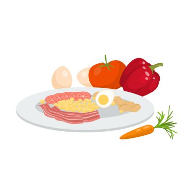 Haşlanmış yumurta, sebze, domuz eti ve fındık vektör illüstrasyonuyla kahvaltı.