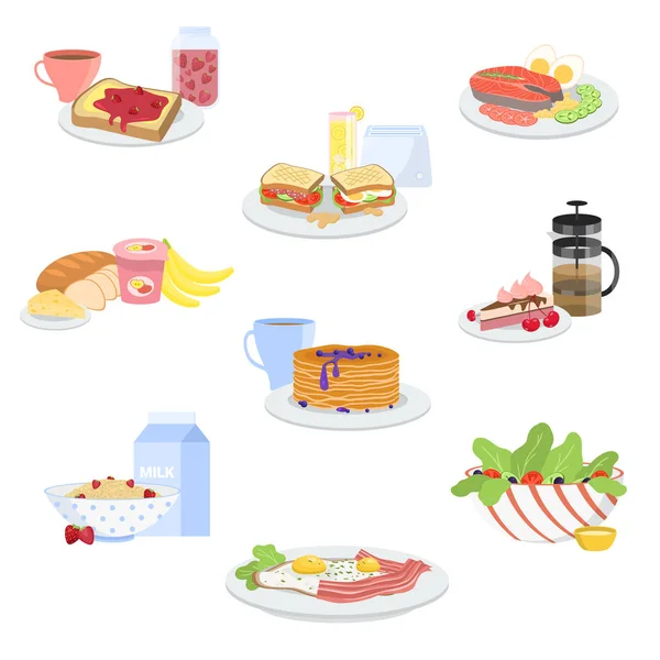 Diferentes tipos de mañana fresca desayuno saludable establece ilustración vectorial — Archivo Imágenes Vectoriales