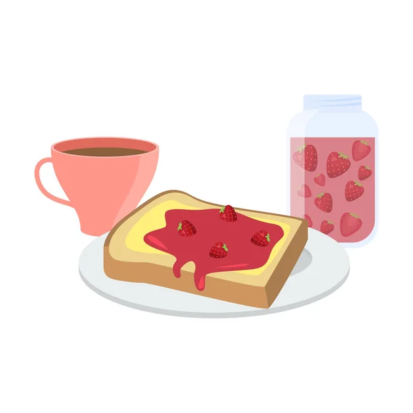 Butter und Erdbeermarmelade Toast und Kaffee Frühstücksvektor Illustration — Stockvektor