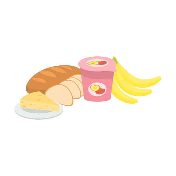 Breakfast with bread, cheese, yogurt and bananas vector illustration — Stock Vector