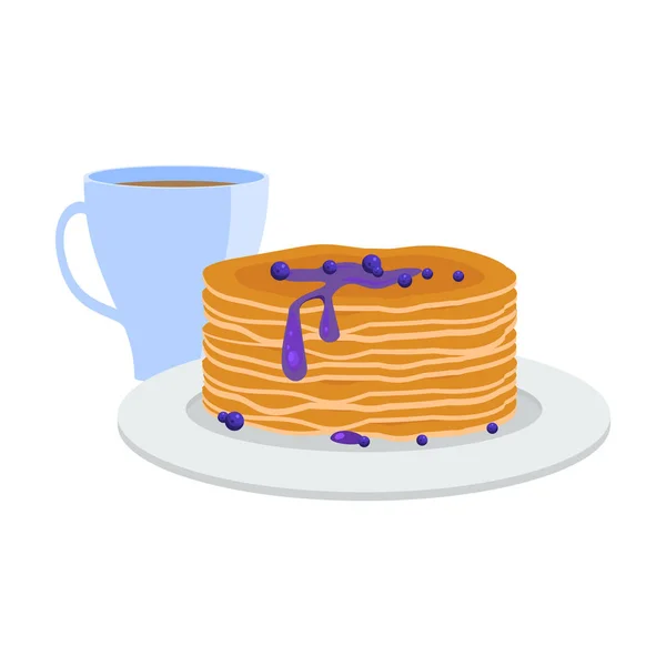 Breakfast with pancakes with bilberry jam and coffee vector illustration — ストックベクタ