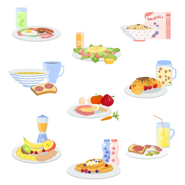 Diferentes tipos de desayuno por la mañana establece ilustración vectorial — Vector de stock