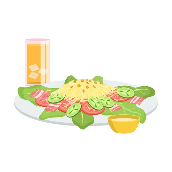 Café da manhã com salada de cesar com bacon, curativo, sucos ilustração vetorial —  Vetores de Stock