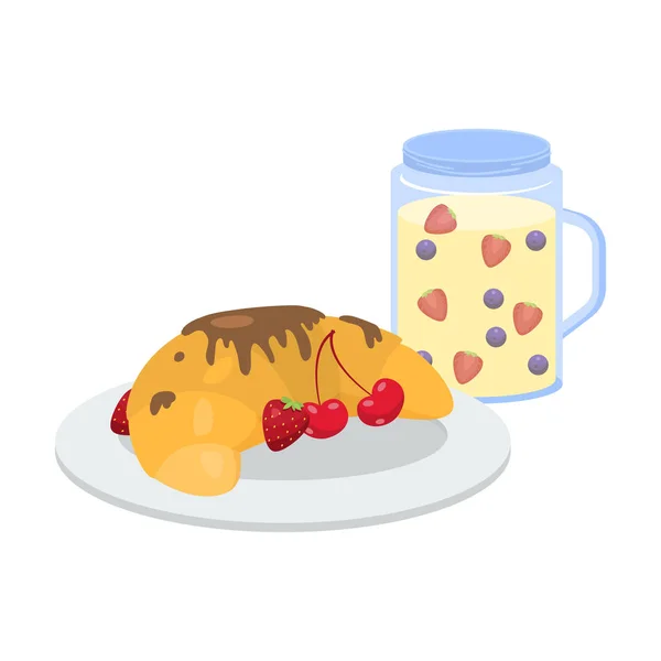 Café da manhã com bagas e croissant de chocolate e smoothie ilustração vetorial — Vetor de Stock