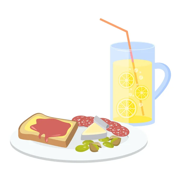 Desayuno con mantequilla y mermelada tostada, salami, limonada vector ilustración — Vector de stock