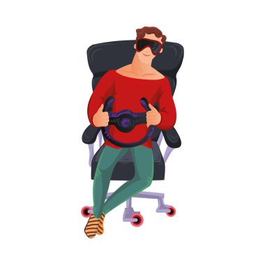 Sanal gerçeklik gözlüklü, direksiyonda oturan genç bir adam. Çizgi film tarzında vektör renkli illüstrasyon