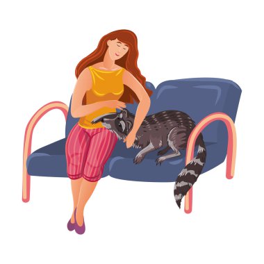 Bekleme salonunda rakunuyla oturan tatlı kadın veteriner kliniğinde doktor bekliyor. Çizgi film tarzında vektör renkli illüstrasyon