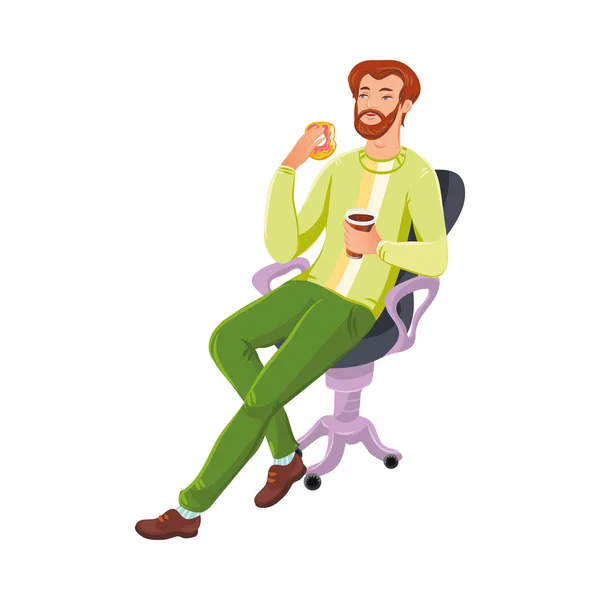 Bärtiger Mann, der auf dem Sessel mit Kaffee- oder Teebecher und Donut sitzt. Vektor bunte Illustration im Cartoon-Stil — Stockvektor