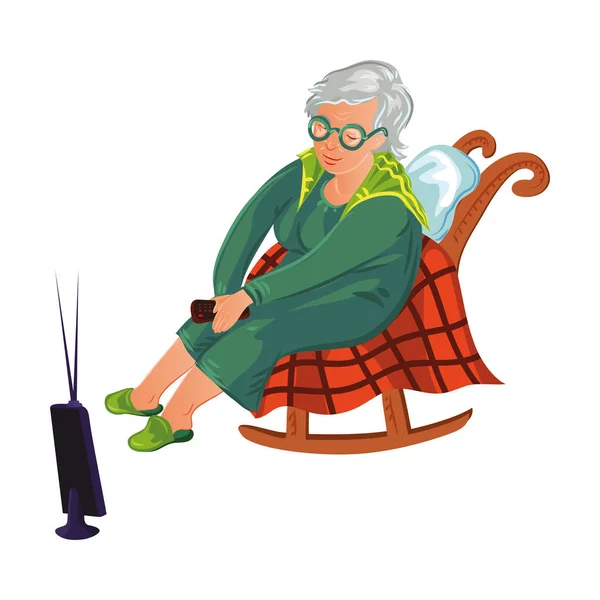 Großmutter sitzt auf Schaukelstuhl und schaut fern. Vektorillustration im flachen Cartoon-Stil. — Stockvektor