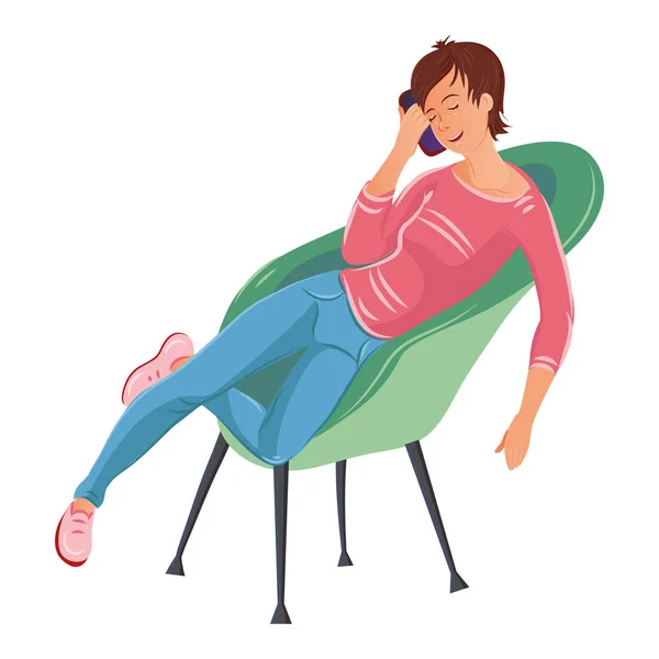 Linda chica sentada en el sillón verde y hablando en el teléfono inteligente. Vector colorido ilustración en estilo de dibujos animados — Archivo Imágenes Vectoriales