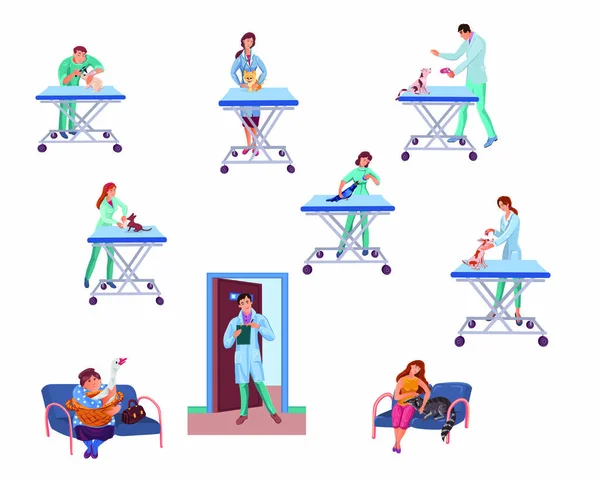 Set of veterinary doctors examining different animals in vet clinic. Vector colorful illustration in cartoon style — ストックベクタ