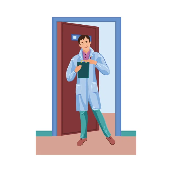 A professional veterinarian doctor with a folder stands near the cabinet in the vet clinic. Vector colorful illustration in cartoon style — ストックベクタ