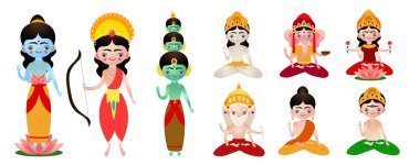 Farklı duruş ve oturma Hindu tanrıları vektör illüstrasyonu