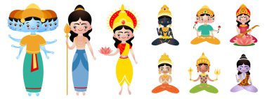 Farklı duruş ve oturan Hindu tanrıları vektör illüstrasyonları