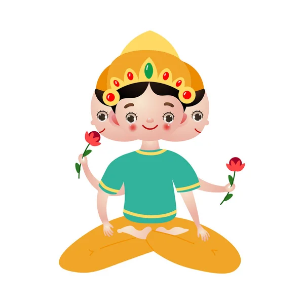 Deidad hindú con tres cabezas sentadas loto pose vector ilustración — Vector de stock