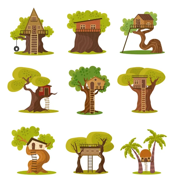 Conjunto de diferentes estilos de casas en árboles vector ilustración — Archivo Imágenes Vectoriales