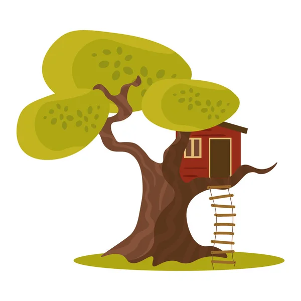 Maison rouge sur arbre vert avec illustration vectorielle échelle suspendue — Image vectorielle