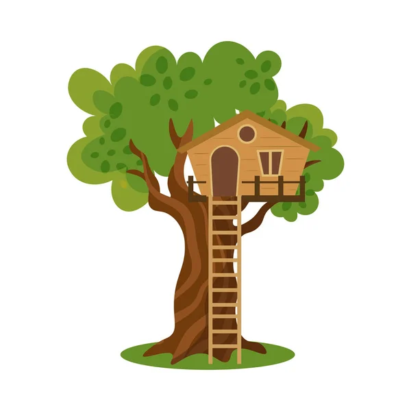 Casa de madera en el árbol con escalera a la ilustración vector de tierra — Vector de stock
