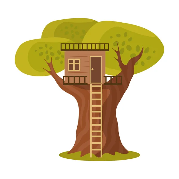 Casa de madera con ventana en árbol con ilustración de vectores de escalera — Vector de stock