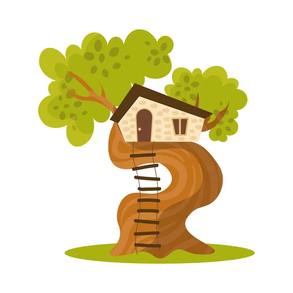 Casa de madera en árbol con ilustración de vectores de escalera — Vector de stock