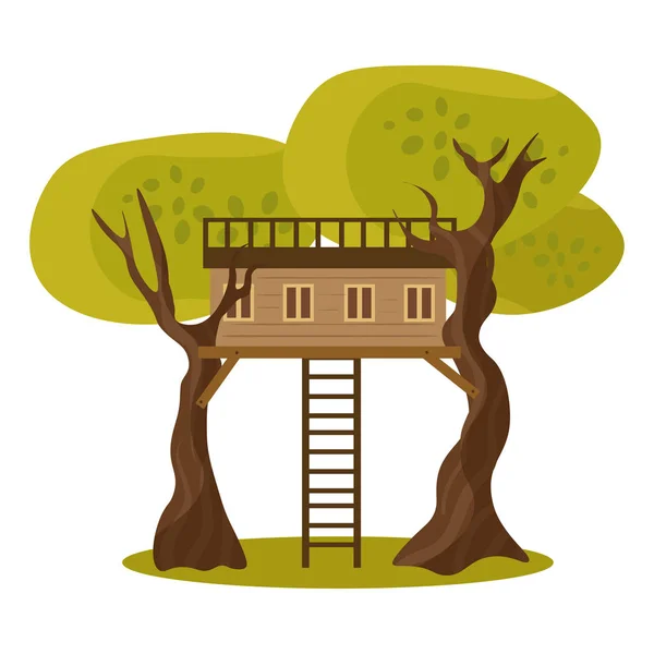 Деревянный дом на стволах деревьев с векторной иллюстрацией лестницы — стоковый вектор