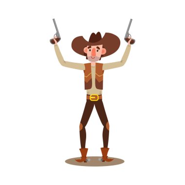 Amerikan kovboyu ayakta ve elinde kahverengi şapkalı, çizmeli iki tabanca tutuyor. Çizgi film tarzında vektör illüstrasyonu