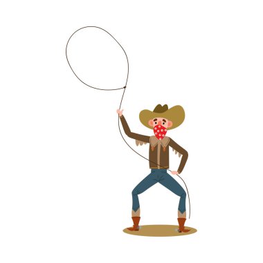 Kırmızı bandanalı komik Amerikalı kovboy kement atıyor. Çizgi film tarzında vektör illüstrasyonu