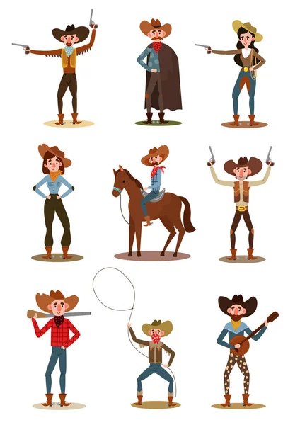 Conjunto de cowboys e cowgirls em poses diferentes. Ilustração vetorial em estilo de desenho animado plano . — Vetor de Stock